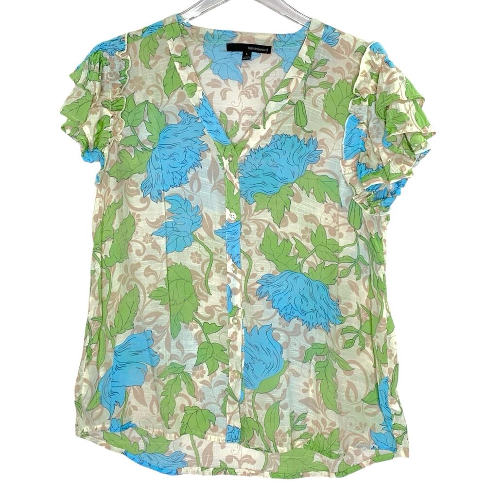 Harve Benard L Womens Blue Green Floral Lightweight Blouse Ruffle Sleeve
